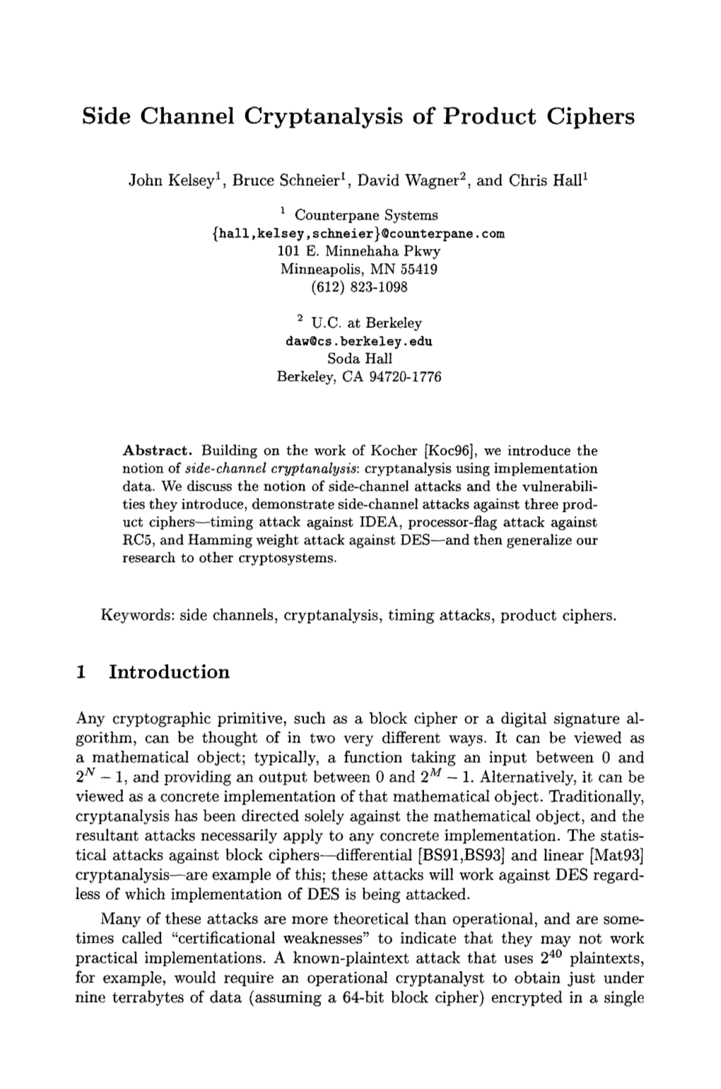 Side Channel Cryptanalysis of Product Ciphers