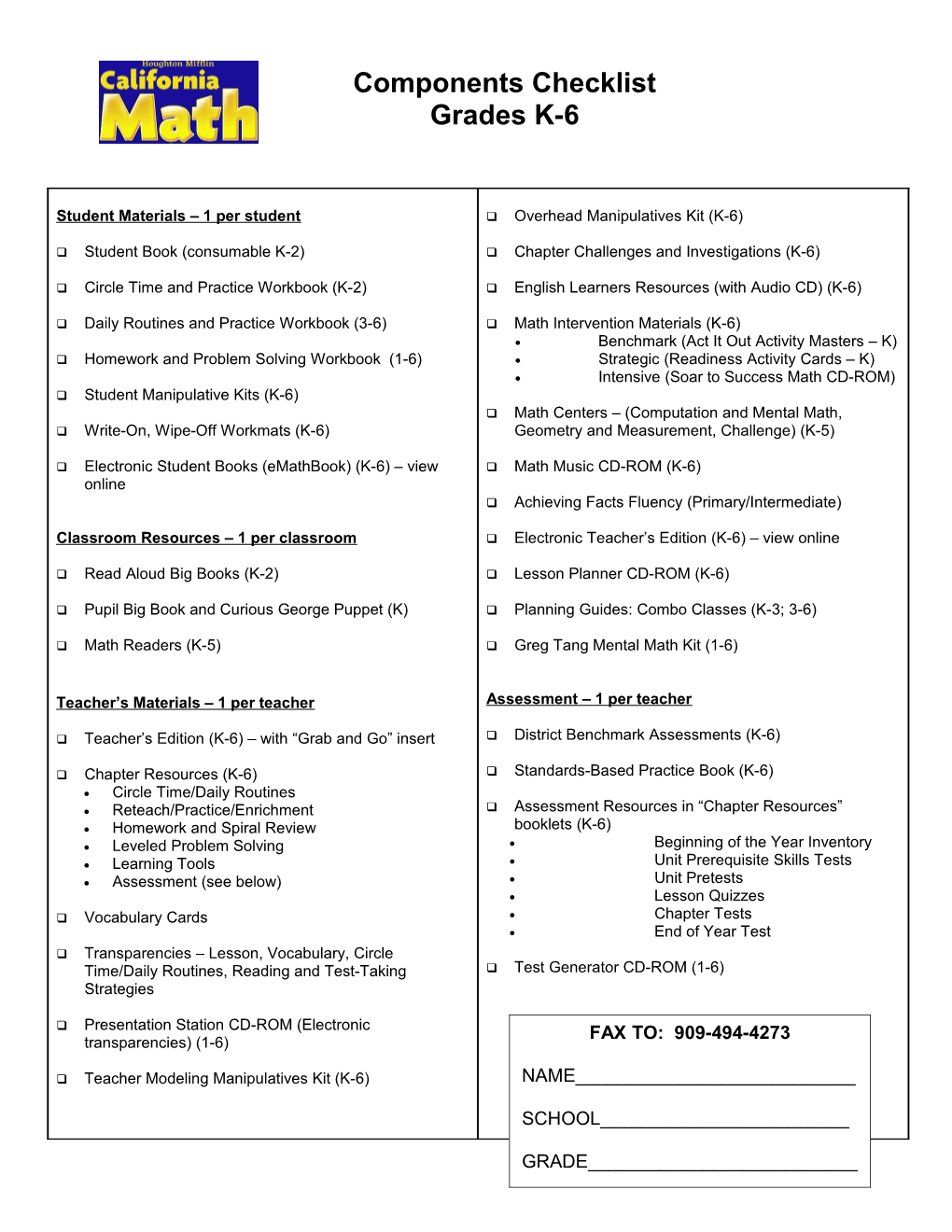 Core Components List, Grades K-6