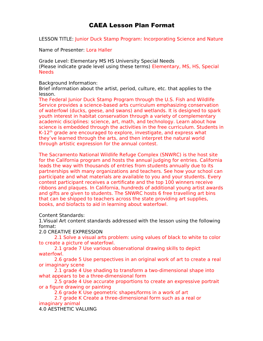 CAEA Lesson Plan Format