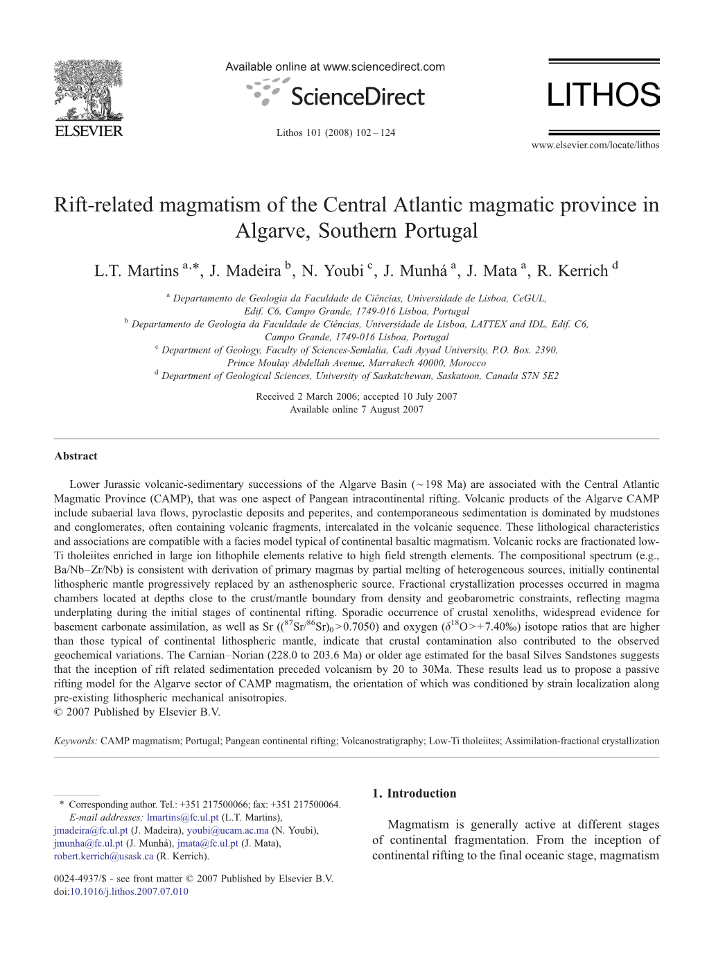 Rift-Related Magmatism of the Central Atlantic Magmatic Province in Algarve, Southern Portugal ⁎ L.T