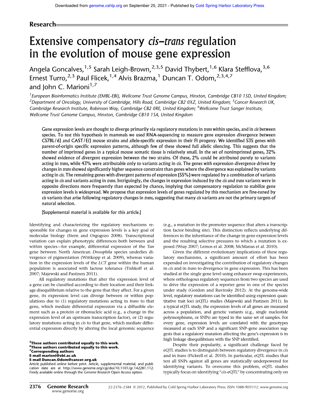 Extensive Compensatory Cis-Trans Regulation in the Evolution of Mouse Gene Expression