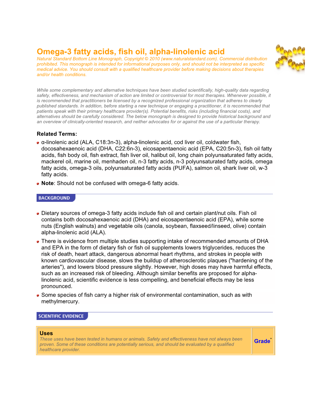 Omega-3 Fatty Acids, Fish Oil, Alpha-Linolenic Acid Natural Standard Bottom Line Monograph, Copyright © 2010 (