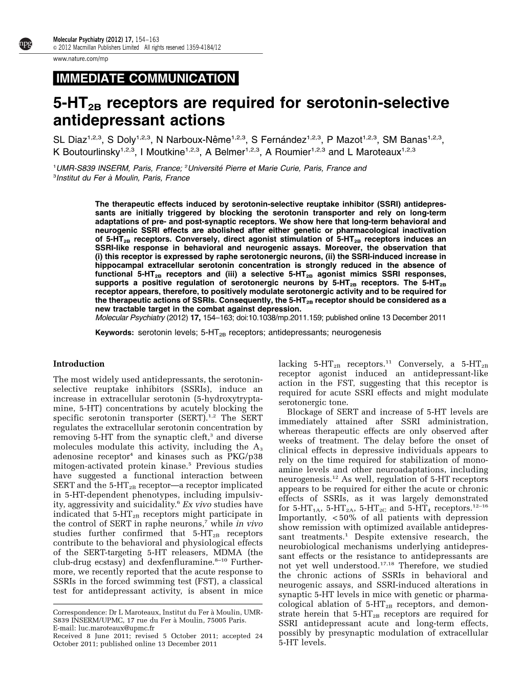 5-HT2B Receptors Are Required for Serotonin-Selective Antidepressant