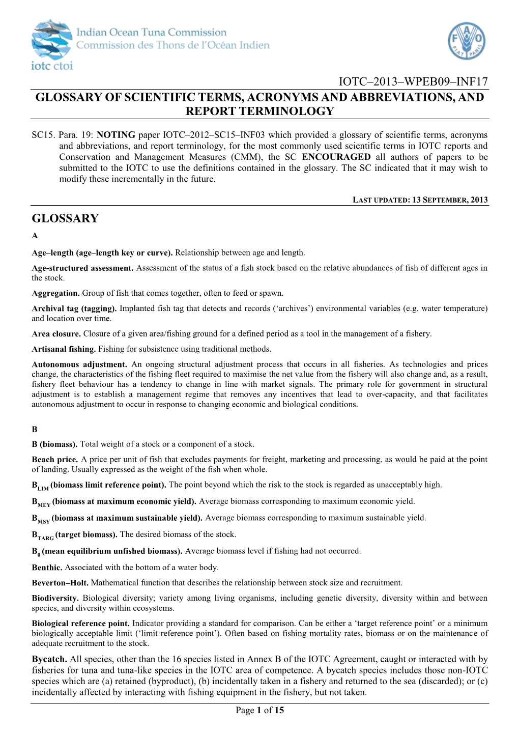 Iotc–2013–Wpeb09–Inf17 Glossary of Scientific Terms, Acronyms and Abbreviations, and Report Terminology Glossary