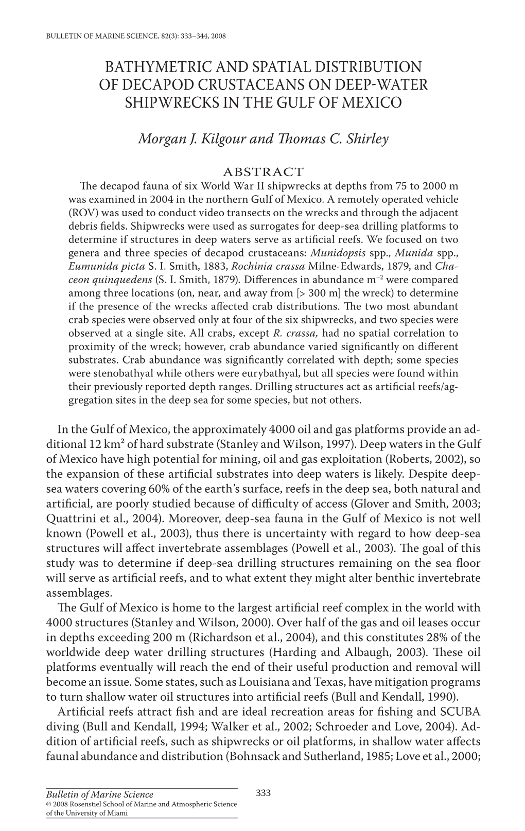 Bathymetric and Spatial Distribution of Decapod Crustaceans on Deep-WATER Shipwrecks in the Gulf of Mexico