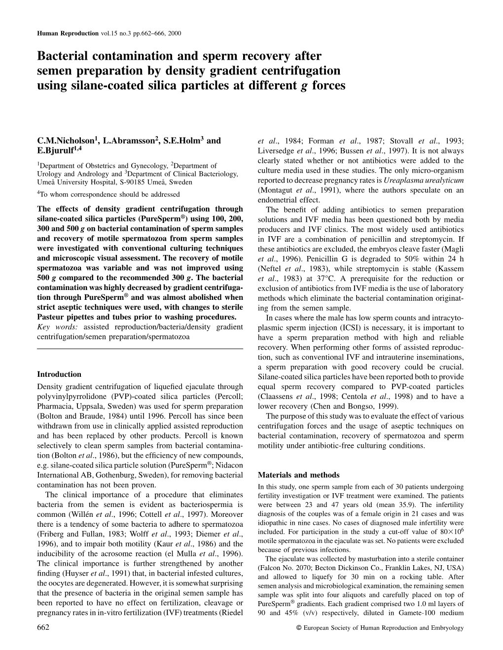 Bacterial Contamination and Sperm Recovery After Semen Preparation by Density Gradient Centrifugation Using Silane-Coated Silica Particles at Different G Forces