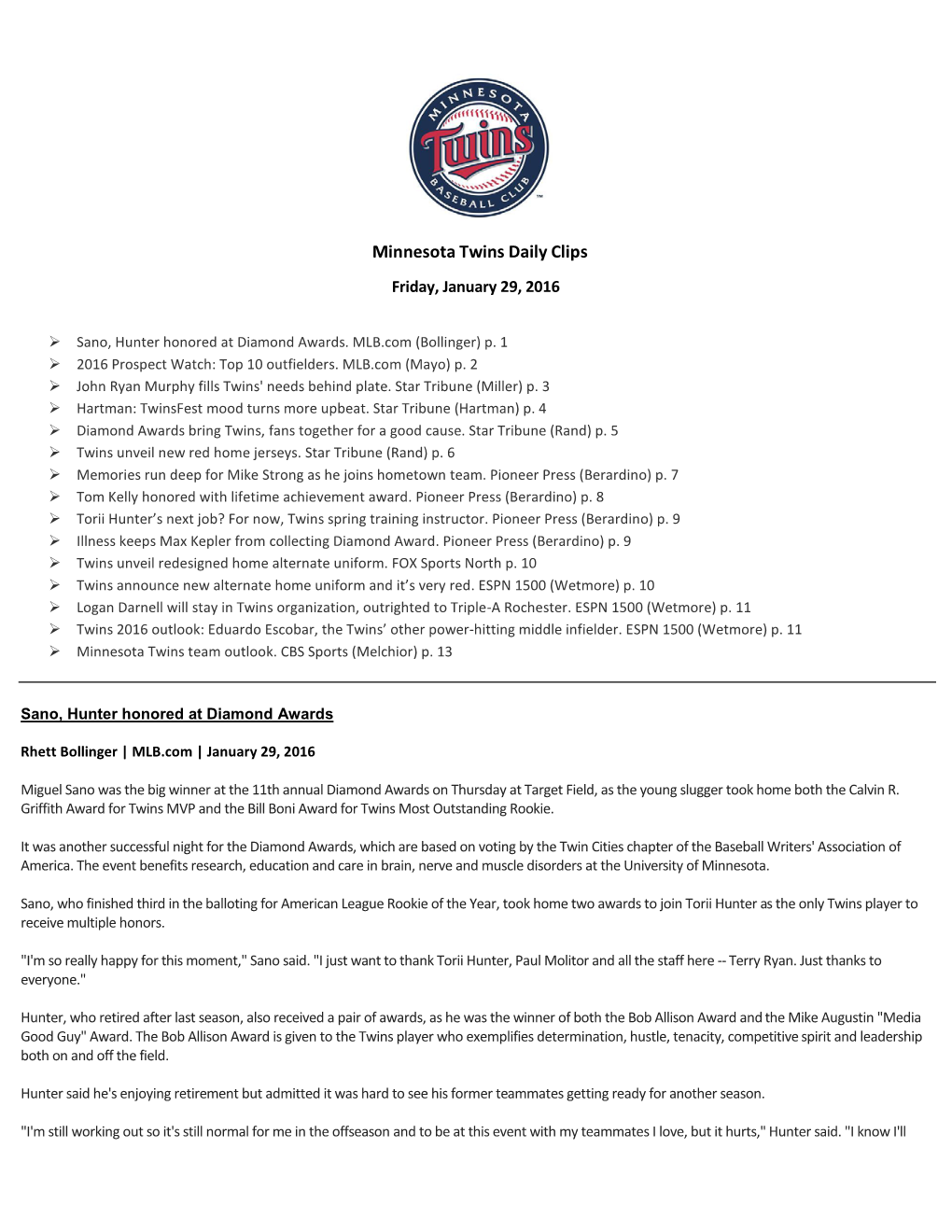 Minnesota Twins Daily Clips Friday, January 29, 2016