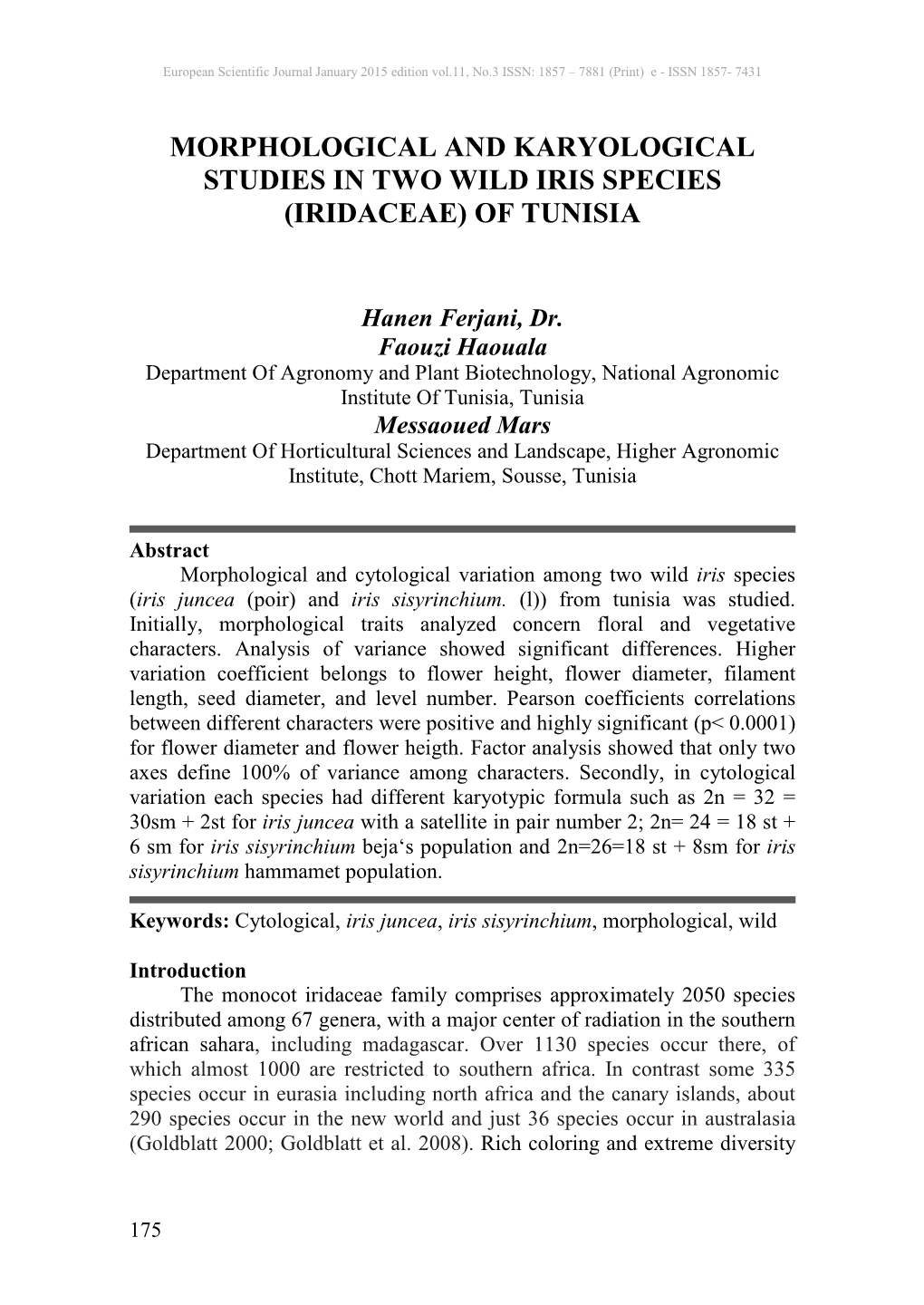 Morphological and Karyological Studies in Two Wild Iris Species (Iridaceae) of Tunisia