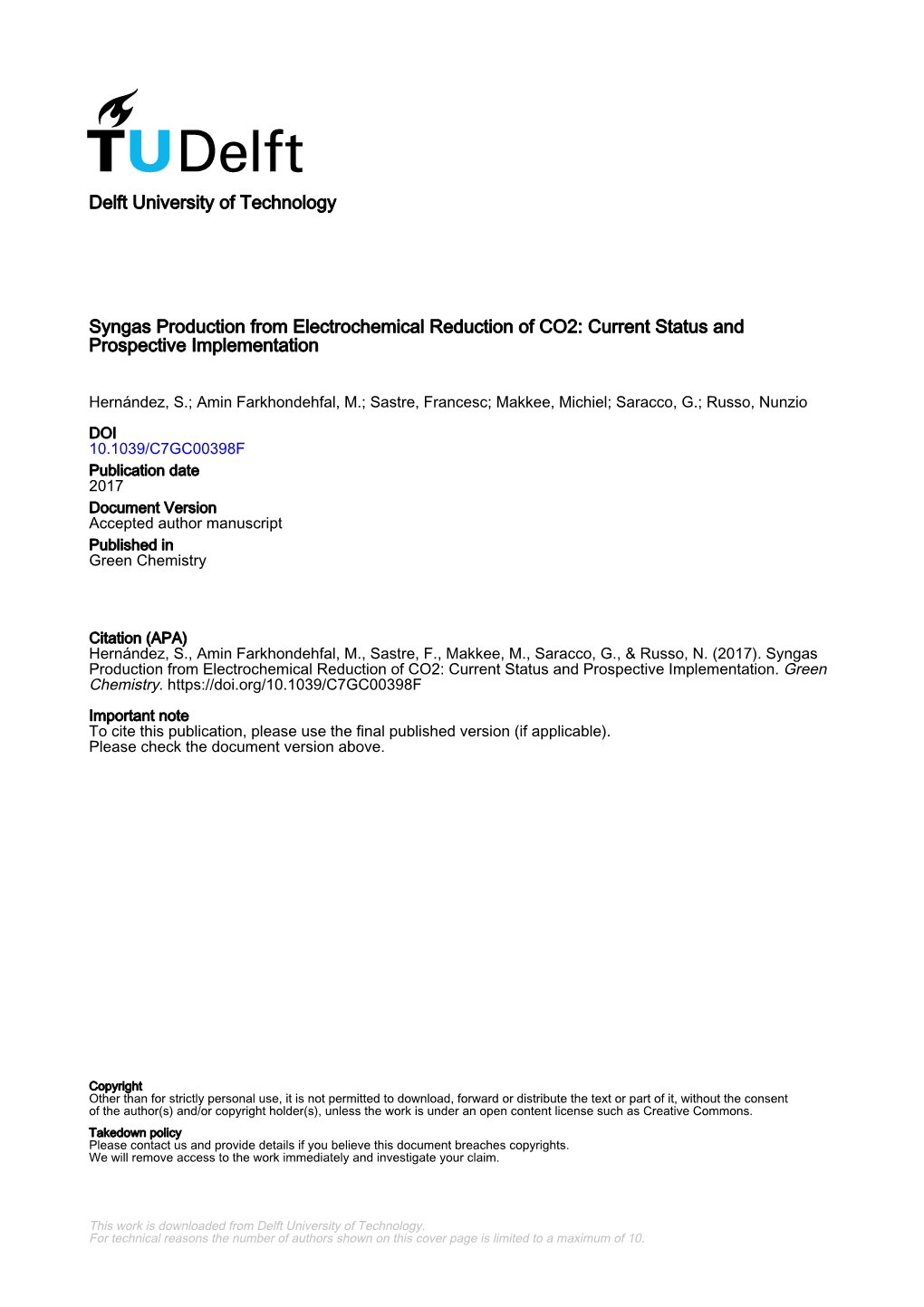 Delft University of Technology Syngas Production from Electrochemical