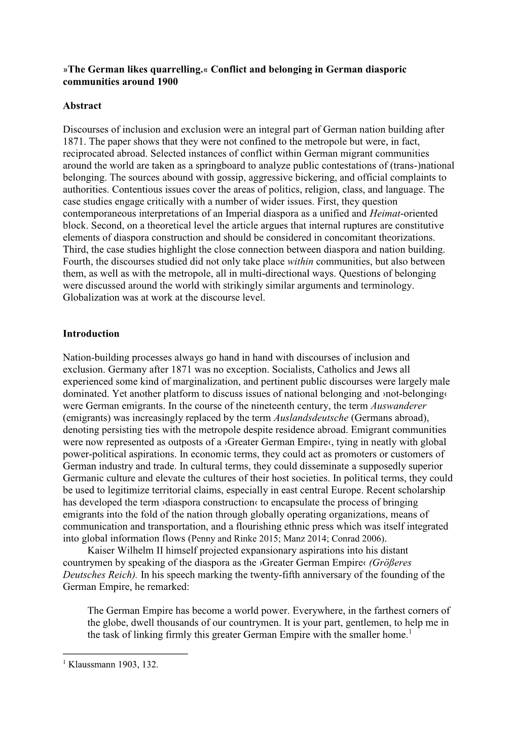 Conflict and Belonging in German Diasporic Communities Around 1900