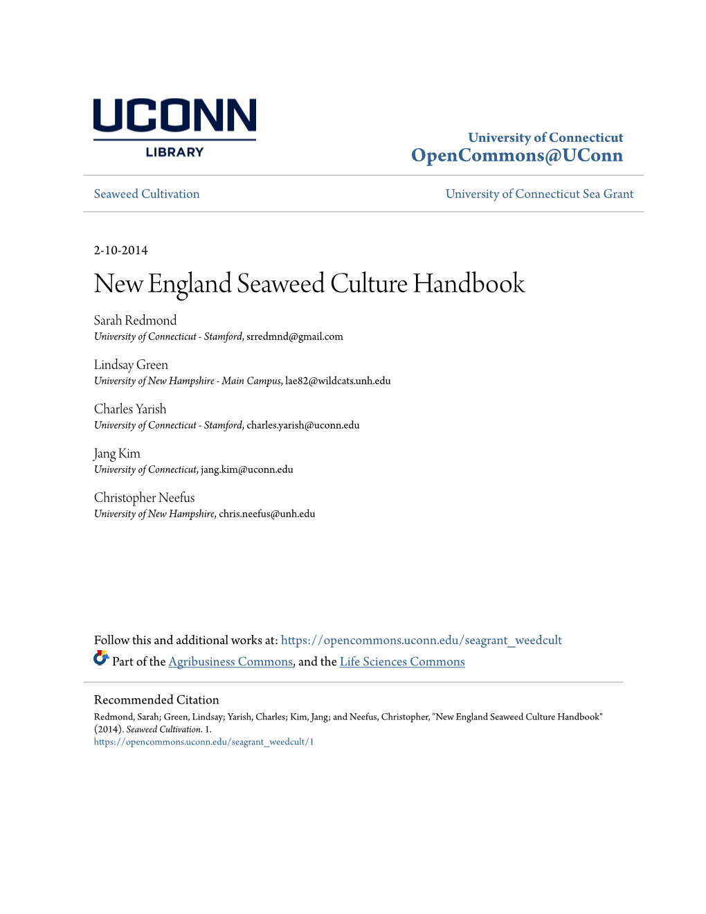 New England Seaweed Culture Handbook Sarah Redmond University of Connecticut - Stamford, Srredmnd@Gmail.Com