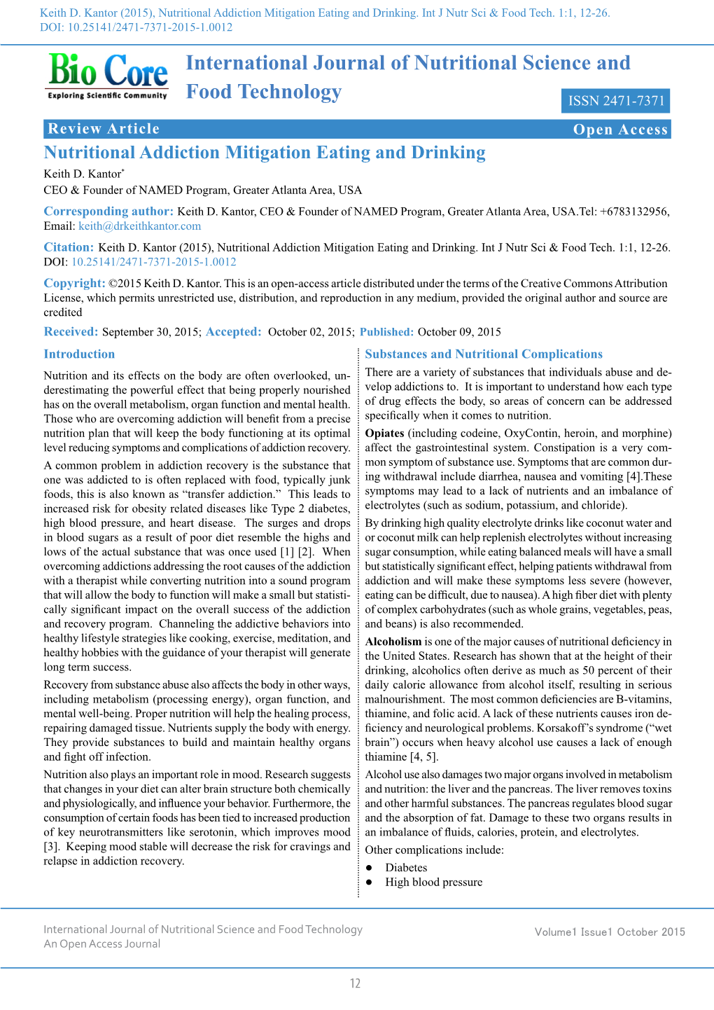 International Journal of Nutritional Science and Food Technology Volume1 Issue1 October 2015 an Open Access Journal