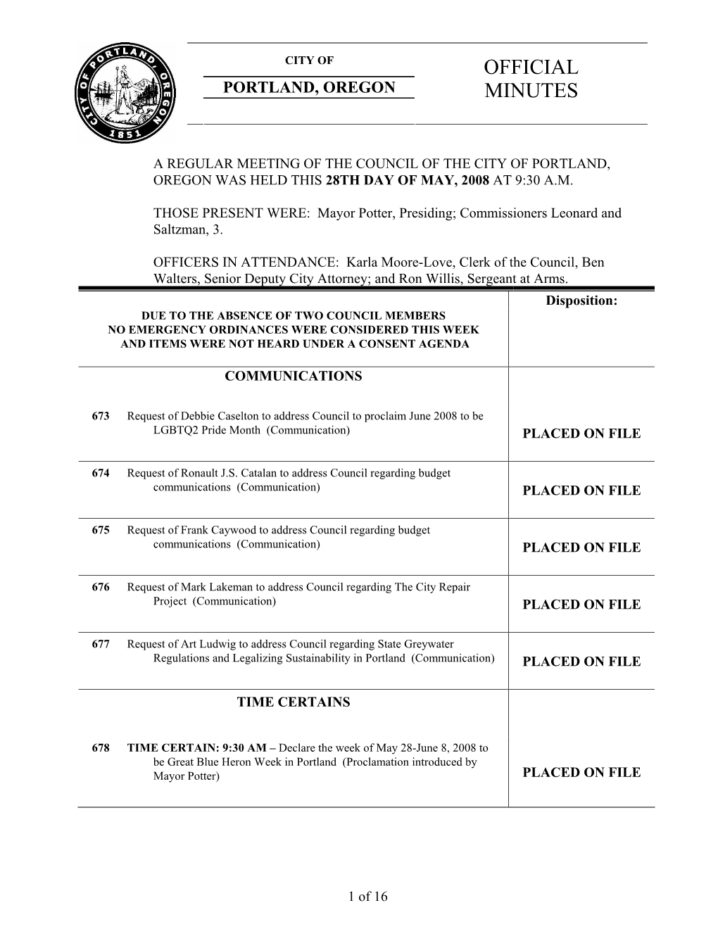 Portland City Council Agenda