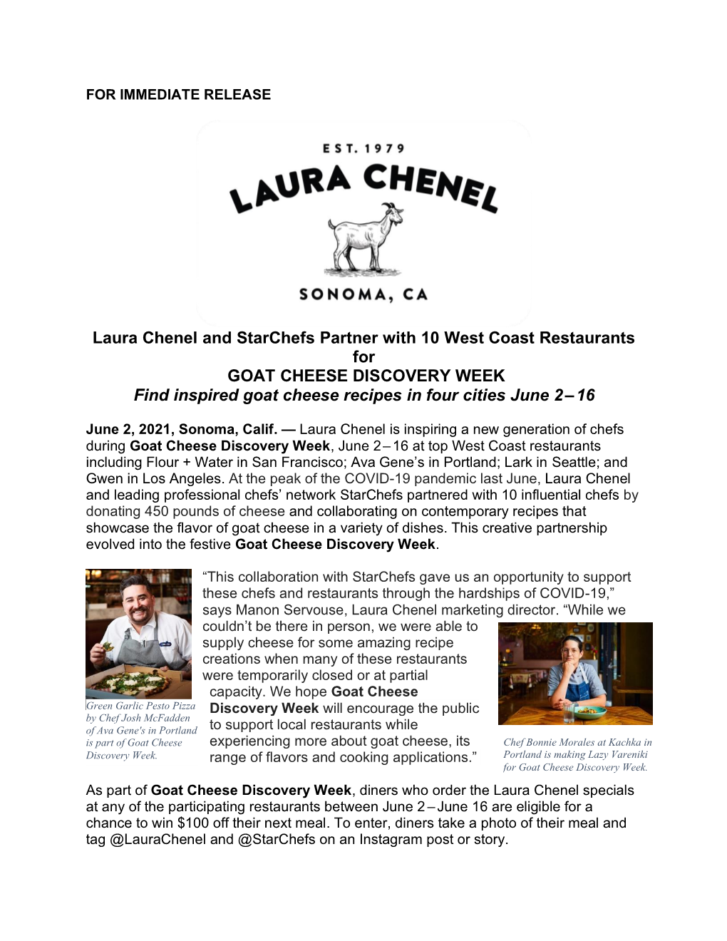 Laura Chenel and Starchefs Partner with 10 West Coast Restaurants for GOAT CHEESE DISCOVERY WEEK