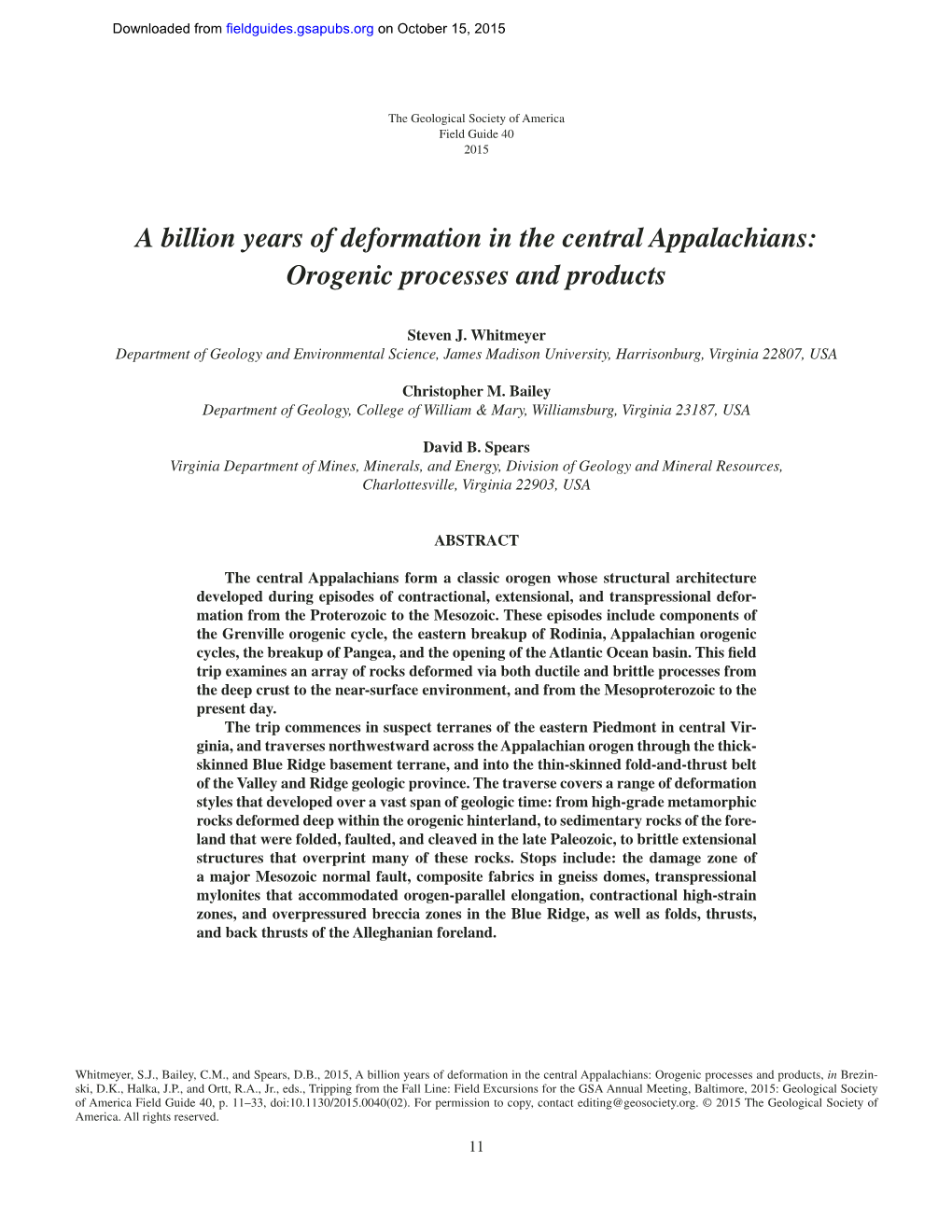 A Billion Years of Deformation in the Central Appalachians: Orogenic Processes and Products