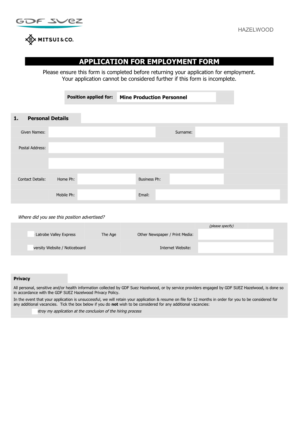 Please Ensure This Form Is Completed Before Returning Your Application for Employment