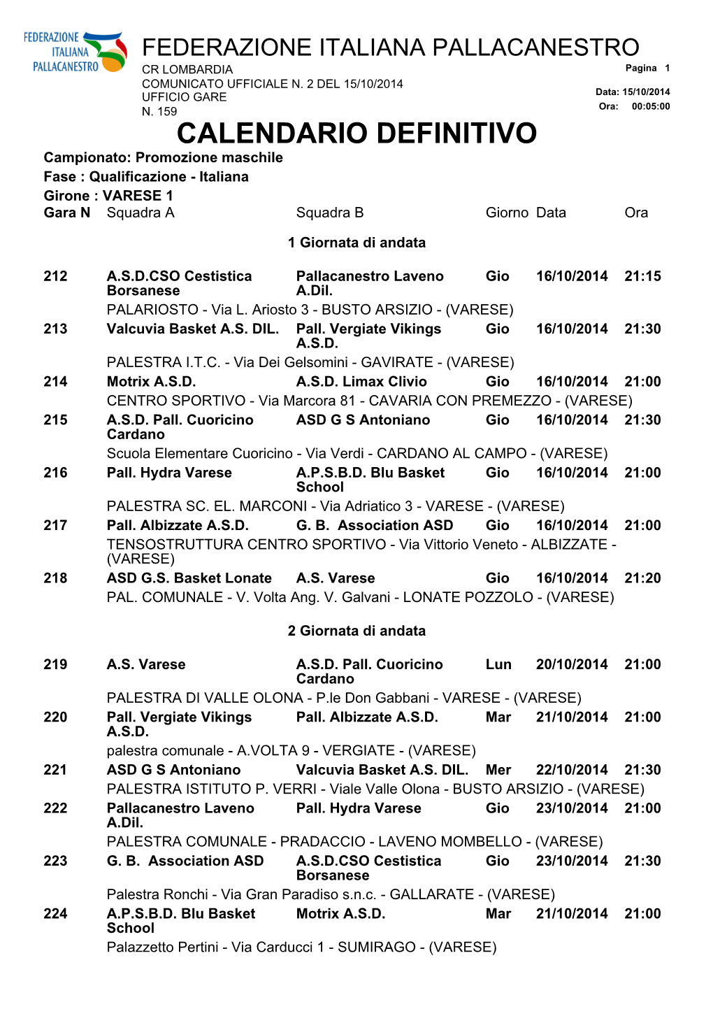 CALENDARIO DEFINITIVO Campionato: Promozione Maschile Fase : Qualificazione - Italiana Girone : VARESE 1 Gara N Squadra a Squadra B Giorno Data Ora