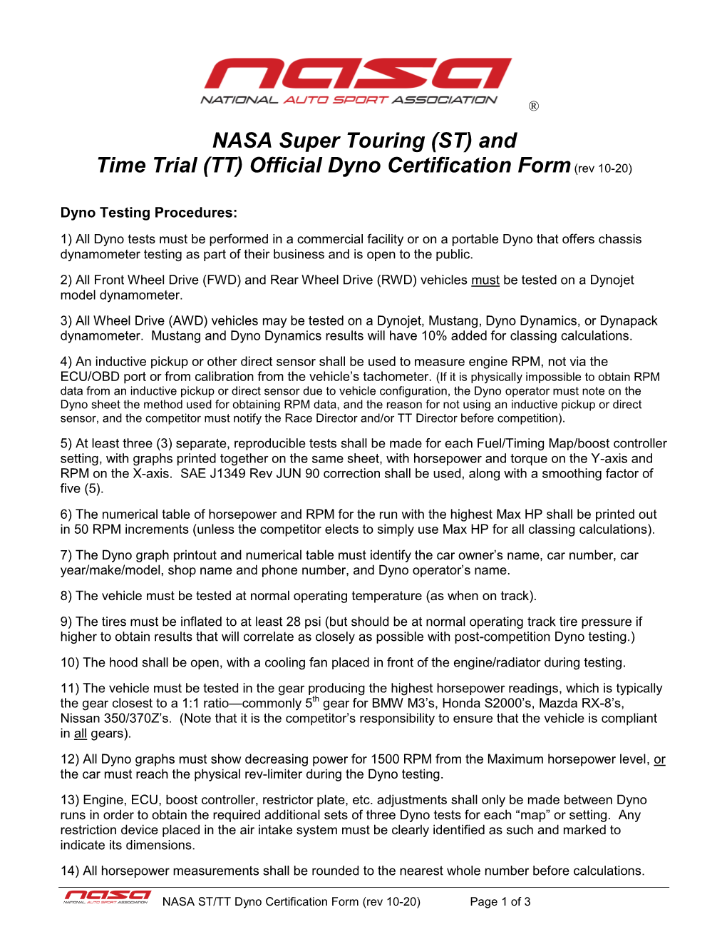 NASA Super Touring (ST) and Time Trial (TT) Official Dyno Certification Form(Rev 10-20)