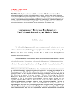 Contemporary Reformed Epistemology: the Epistemic Immediacy of Theistic Belief