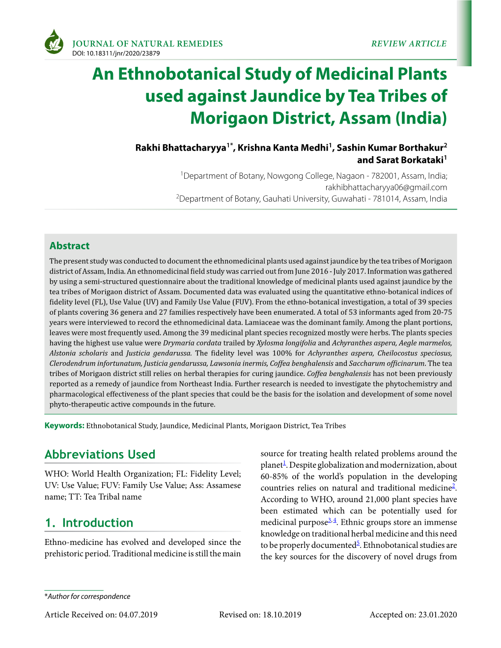 An Ethnobotanical Study of Medicinal Plants Used Against Jaundice by Tea Tribes of Morigaon District, Assam (India)