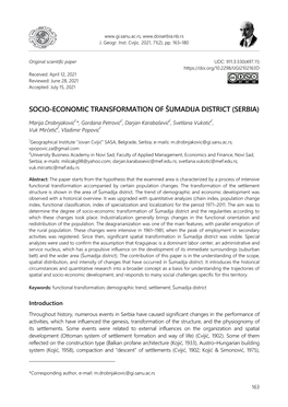Socio-Еconomic Transformation of Šumadija District (Serbia)