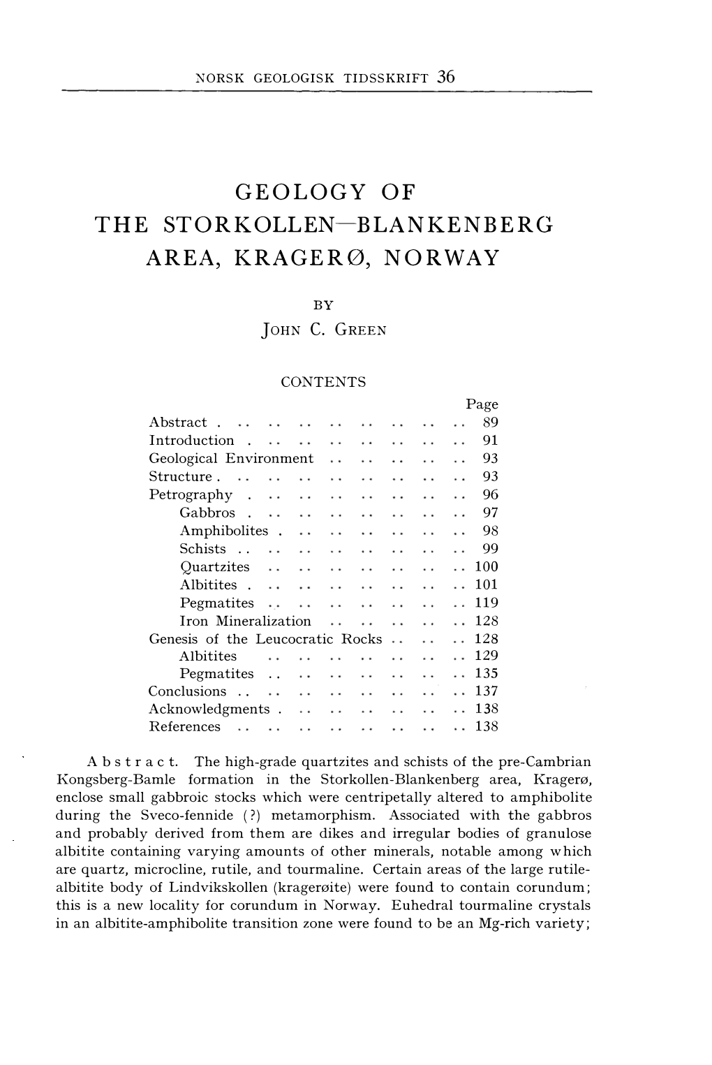 Geology of the Storkollen-Blankenberg Area Kragerø, Norway > John C