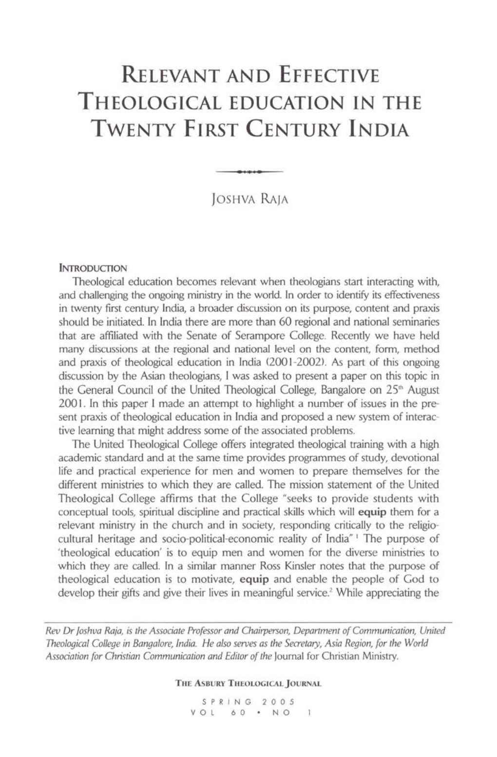 Relevant and Effective Theological Education in the Twenty First Century India