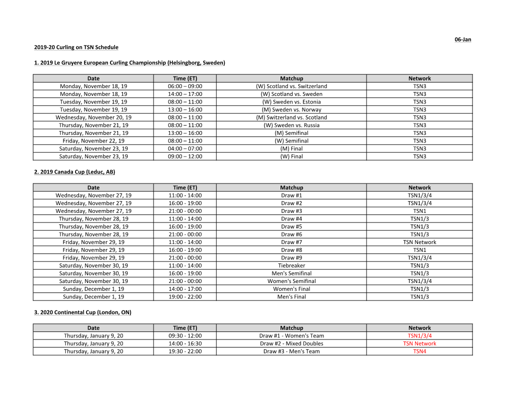 06-Jan 2019-20 Curling on TSN Schedule Date