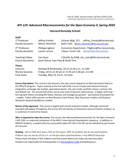 API-119: Advanced Macroeconomics for the Open Economy II, Spring 2020