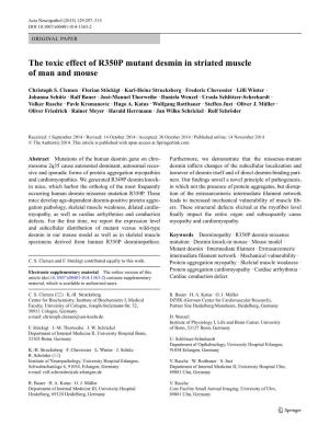 The Toxic Effect of R350P Mutant Desmin in Striated Muscle of Man and Mouse