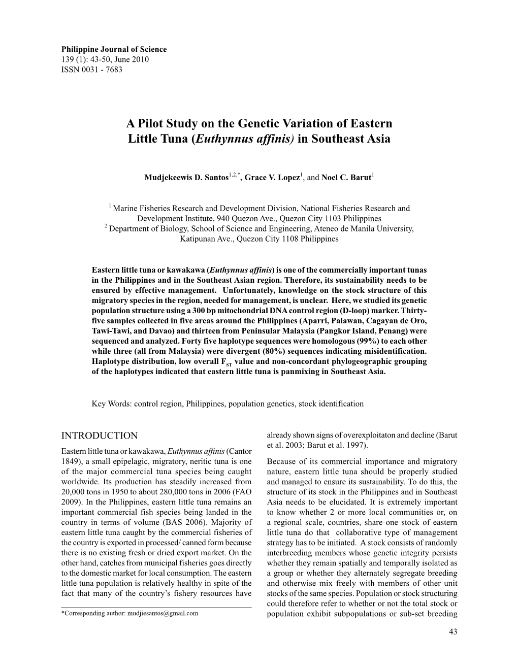 A Pilot Study on the Genetic Variation of Eastern Little Tuna (Euthynnus Affinis) in Southeast Asia