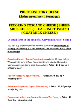 PRICE LIST for CHEESE Listino Prezzi Per Il Formaggio PECORINO