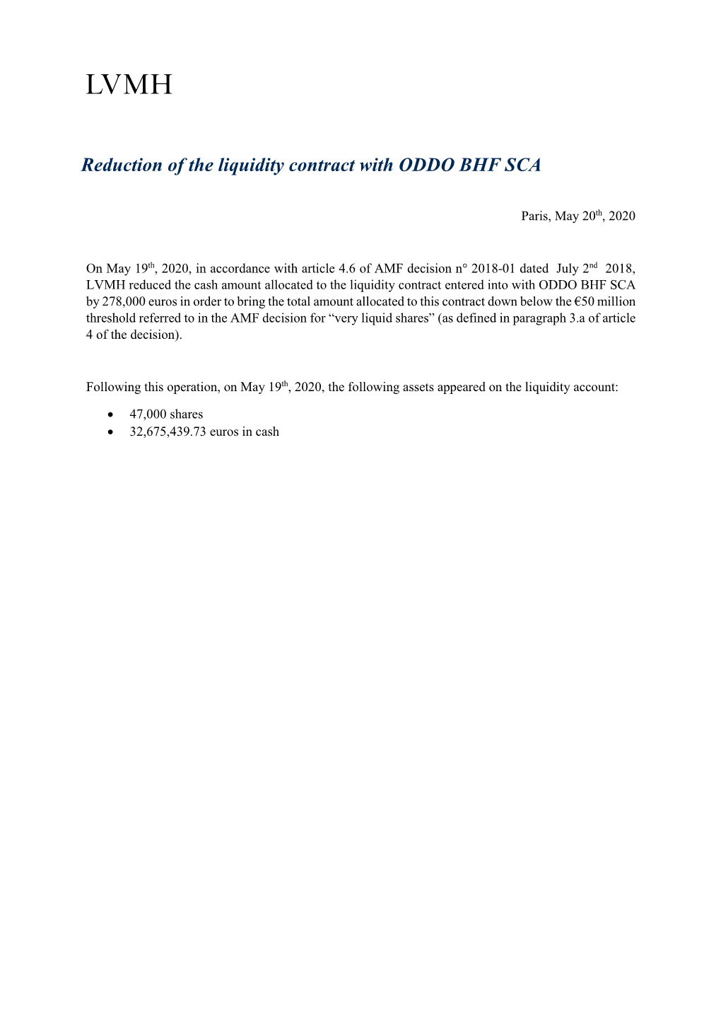 Reduction of the Liquidity Contract with ODDO BHF SCA