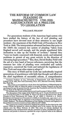 Reform of Common Law Pleading in Massachusetts 1760-1830: Adjudication As a Prelude to Legislation