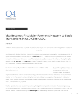 Visa Becomes First Major Payments Network to Settle Transactions in USD Coin (USDC)