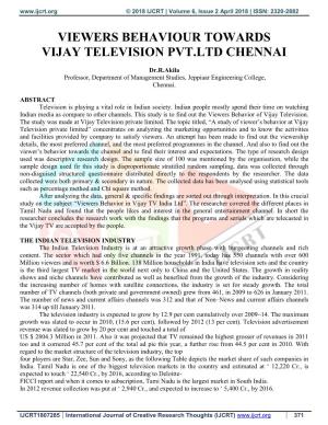 Viewers Behaviour Towards Vijay Television Pvt.Ltd Chennai