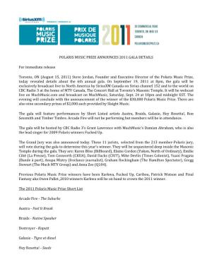 Polaris Music Prize Announces 2011 Gala Details