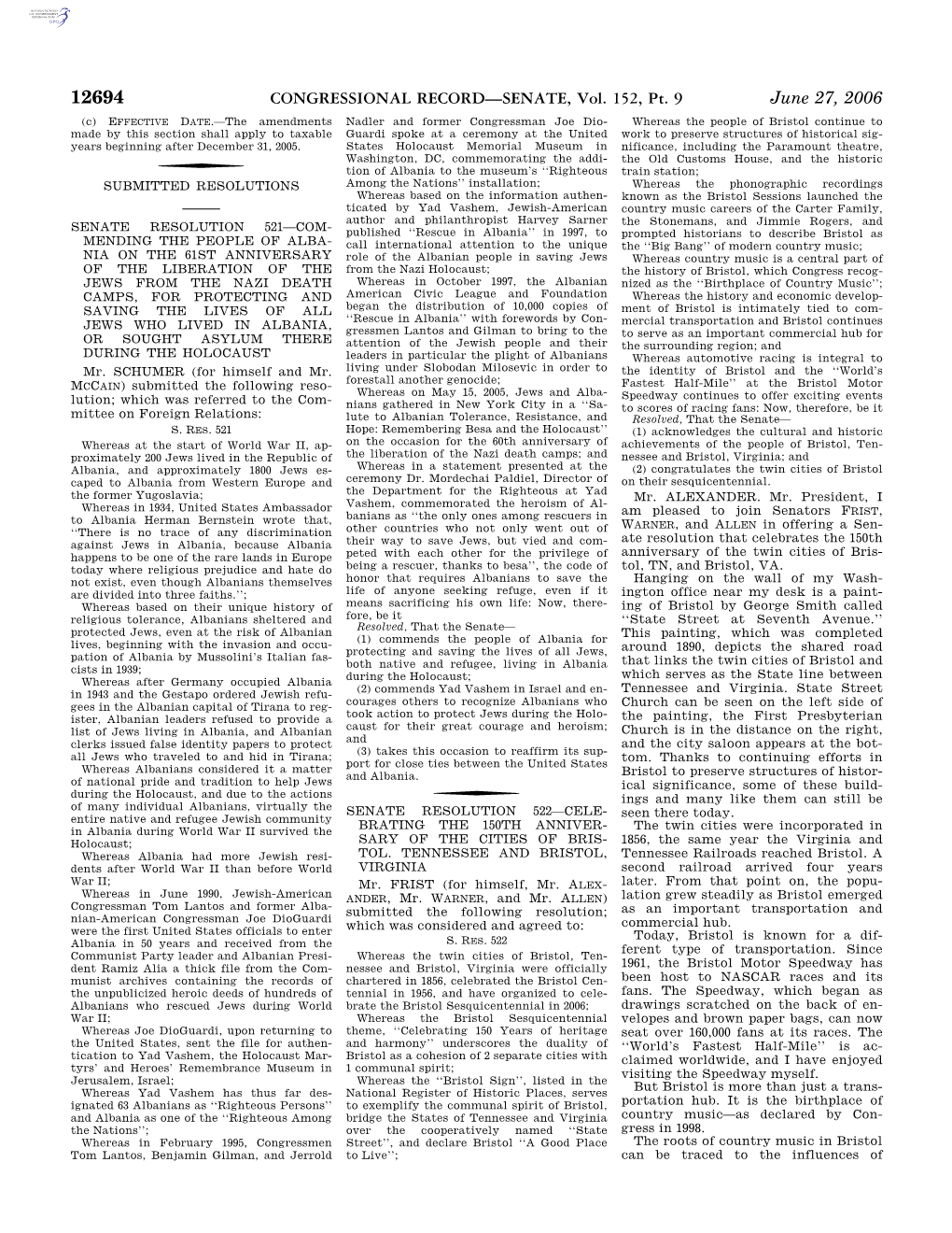 CONGRESSIONAL RECORD—SENATE, Vol. 152, Pt. 9 June 27, 2006