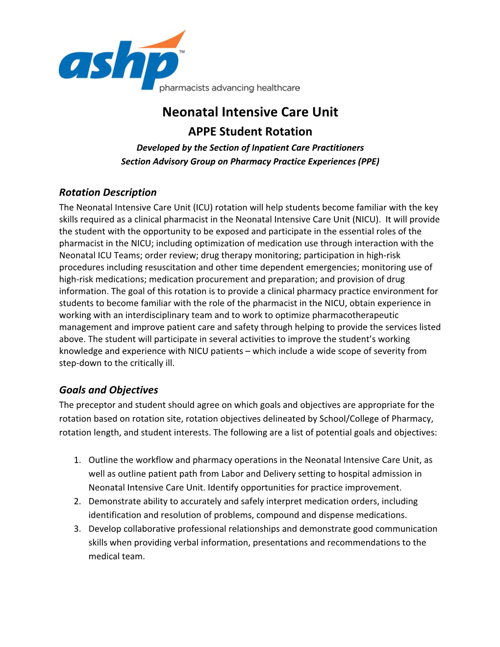 Neonatal ICU APPE Student Rotation