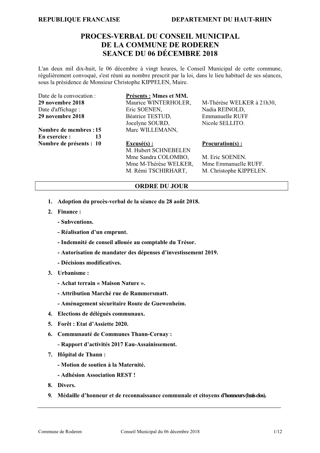 Proces-Verbal Du Conseil Municipal De La Commune De Roderen Seance Du 06 Décembre 2018