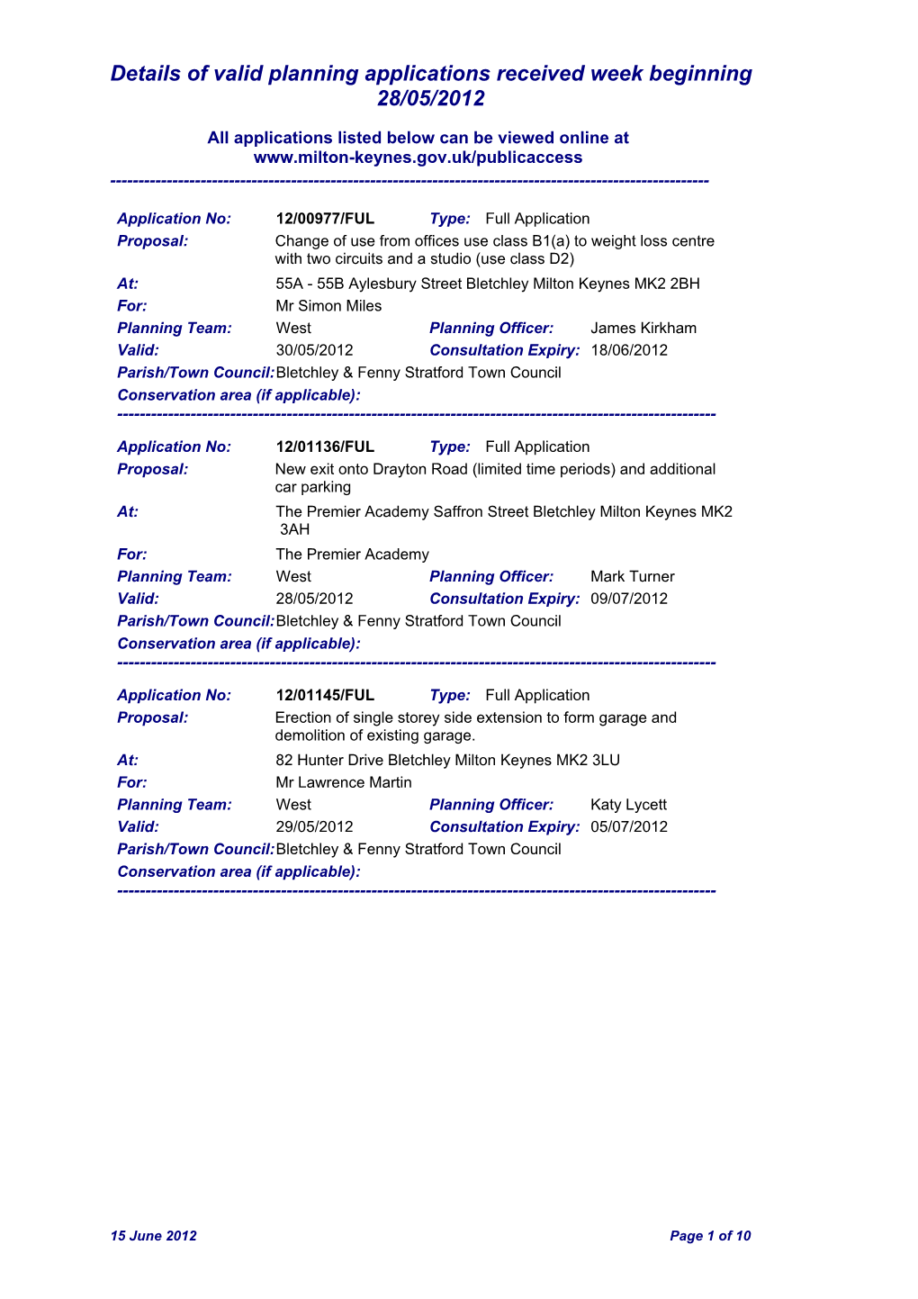 Details of Valid Planning Applications Received Week Beginning 28/05/2012