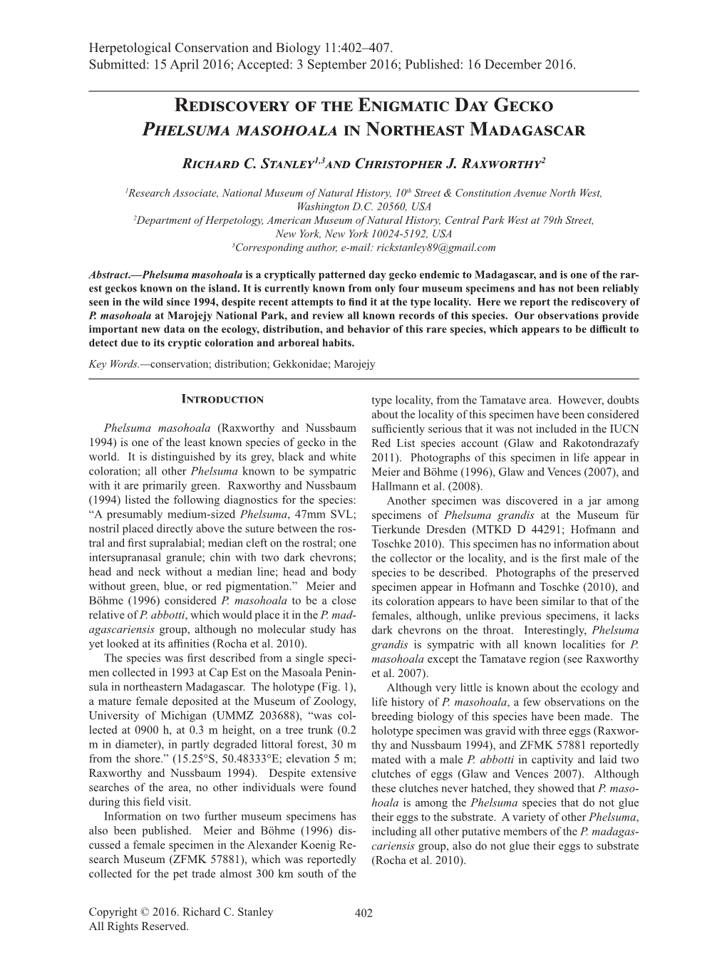 Rediscovery of the Enigmatic Day Gecko Phelsuma Masohoala in Northeast Madagascar