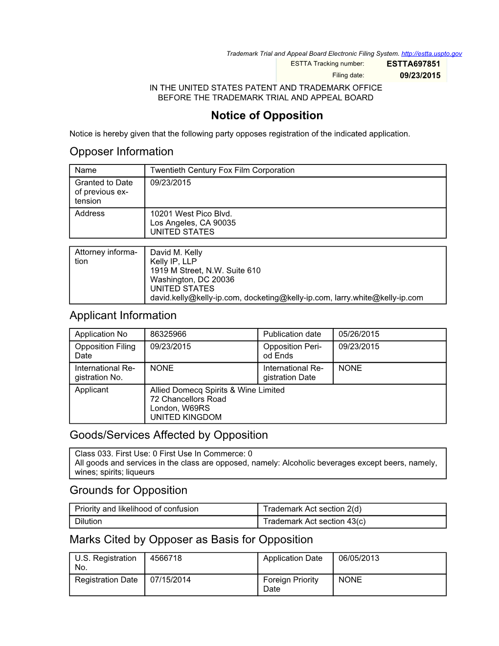 Notice of Opposition Opposer Information Applicant Information