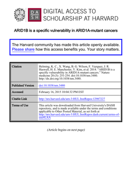 ARID1B Is a Specific Vulnerability in ARID1A-Mutant Cancers The