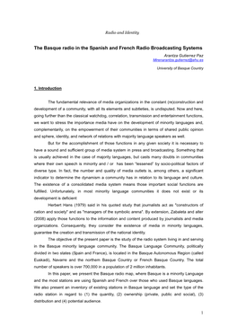 The Basque Radio in the Spanish and French Radio Broadcasting Systems Arantza Gutierrez Paz Mirenarantza.Gutierrez@Ehu.Es
