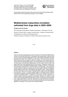 Mediterranean Subsurface Circulation Estimated from Argo Data in 2003–2009