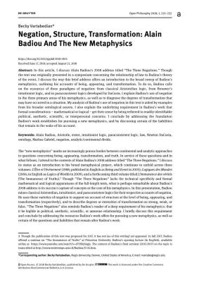 Negation, Structure, Transformation: Alain Badiou and the New Metaphysics