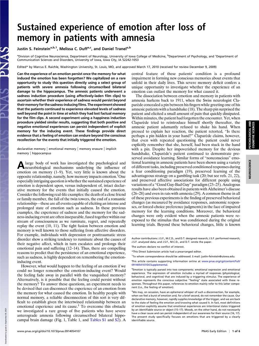 Sustained Experience of Emotion After Loss of Memory in Patients with Amnesia