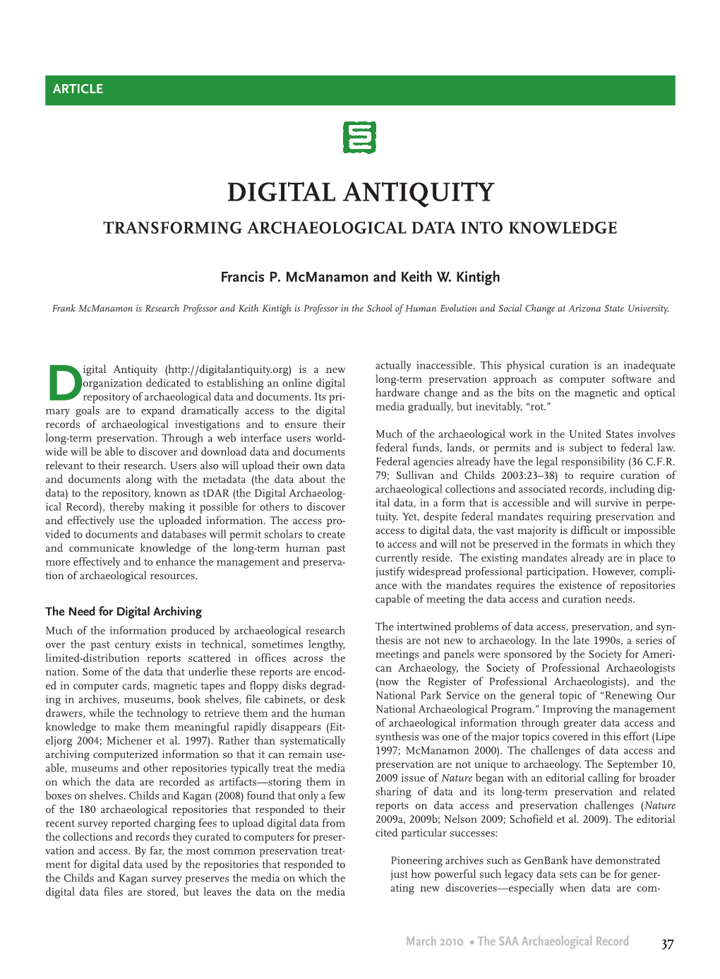 Digital Antiquity Transforming Archaeological Data Into Knowledge