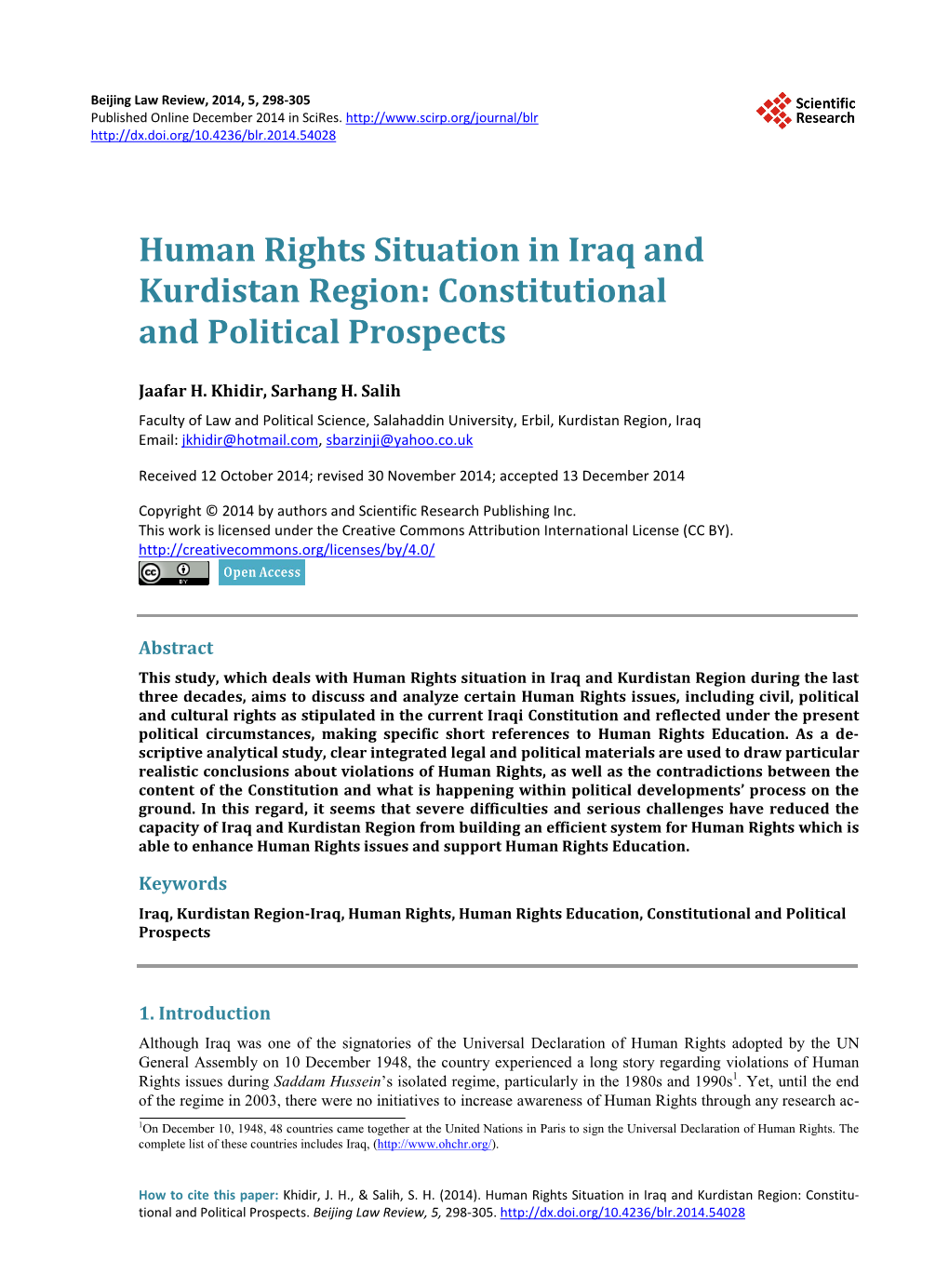 Human Rights Situation in Iraq and Kurdistan Region: Constitutional and Political Prospects